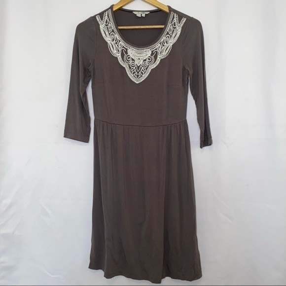 Boden Faye Jersey Knit Stretch Peasant Crochet 3/4 Length Sleeved Dress Size 6 - Picture 2 of 8